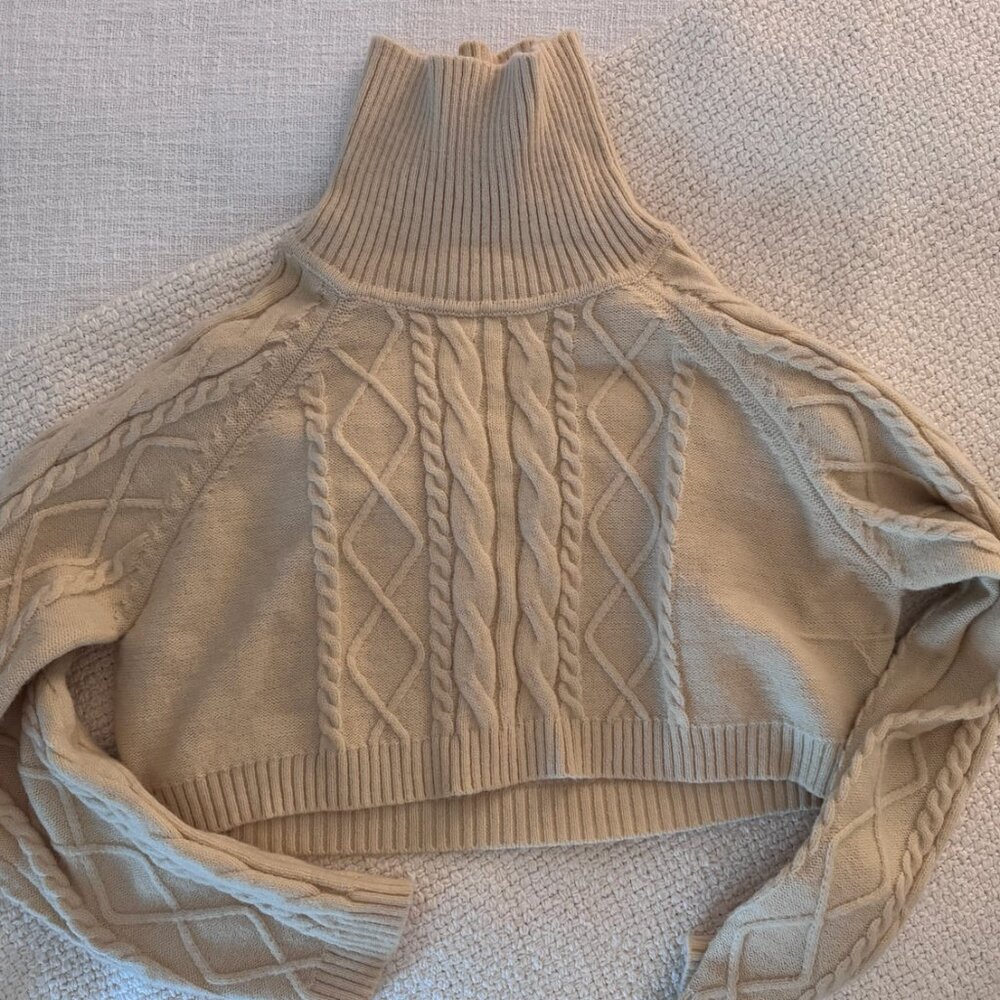 Cable Knit High Neck Crop Sweater - Beige